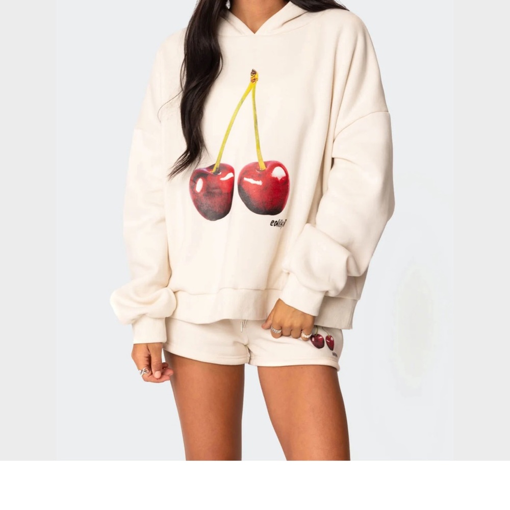 Edikted Cream Hoodie and Shorts Set with Cherry Print